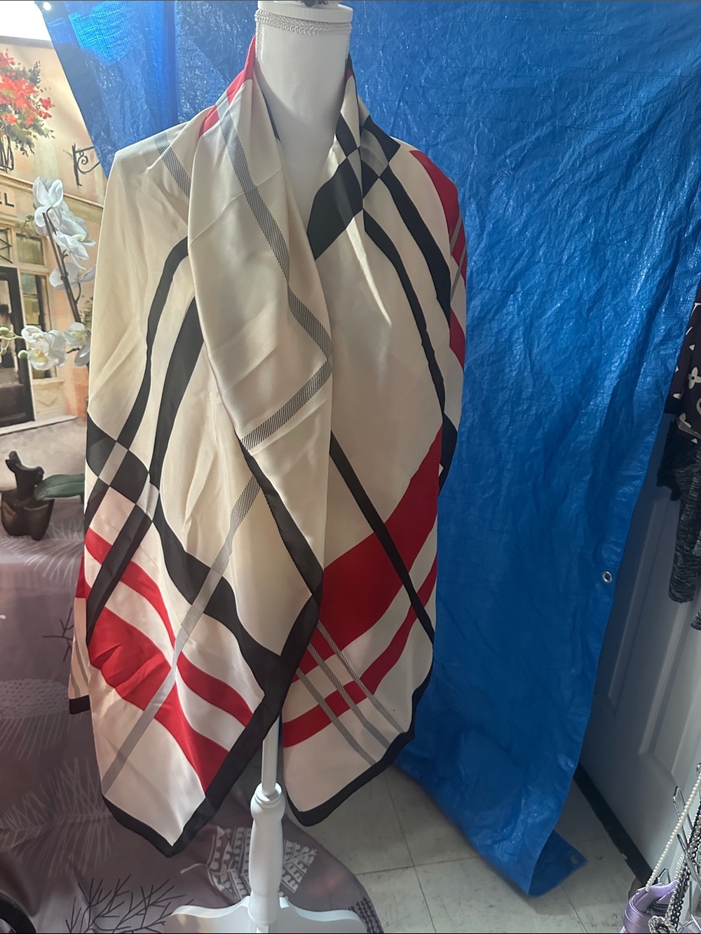 Cream, Black & Red Plaid Decorative Throw Scarf - Unbranded